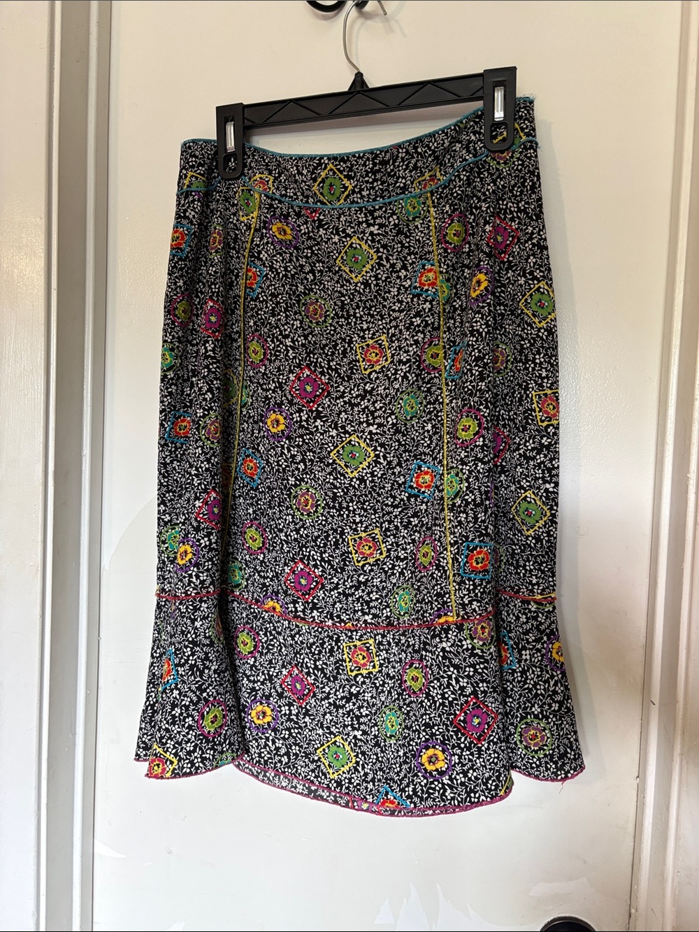Black Floral Print A-Line Skirt with Colorful Embroidery